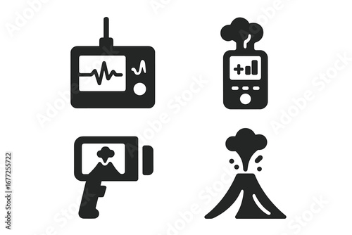 Volcanic monitoring solid icon set. Volcano eruption, seismograph, gas analyzer, thermal camera. Geology science research tools. Seismology pictograms. Vector illustration.