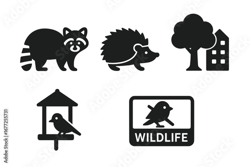 Urban wildlife vector icon set. Solid glyph symbols of city animals and nature conservation. Raccoon, hedgehog, bird in feeder, wildlife crossing sign, and tree in city park.