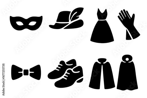 Theatrical costume icons solid filled vector set featuring mask, feathered hat, elegant gown, gloves, bow tie, classic shoes, cape, drama and performance elements on transparent background