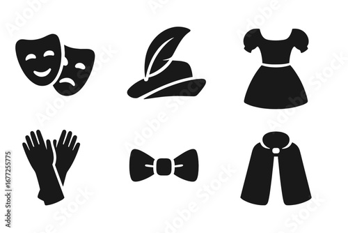 Theatrical Costume Icons Set, Solid Filled Vector Illustrations of Drama Masks, Feathered Hat, Elegant Gown, Gloves, Bow Tie, Cape – Classic Theater Dress and Accessories