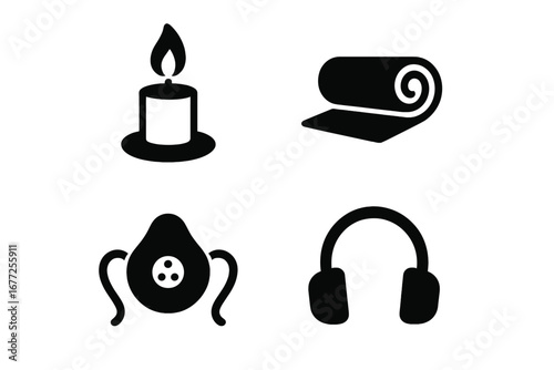 Therapeutic Tool Icon Set, Solid Black Vector Icons of Calming Candle, Yoga Mat, Breathing Mask, Headphones, Wellness and Relaxation Equipment, Transparent Background