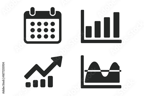 Data analytics icon set for usage tracking and performance metrics. Solid vector icons of calendar, bar chart, growth graph, and trend analysis for business reports.