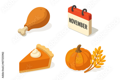 Isometric November Icons Grid Vector Set - Turkey Drumstick, November Calendar Page, Pumpkin Pie Slice, Autumn Pumpkin and Harvest Branch Illustration for Fall Season Design