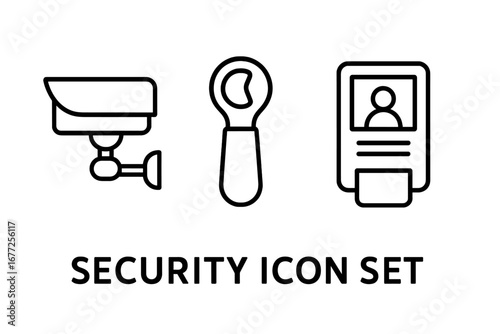 Security Icon Set, Outline Design of Surveillance Camera, Security Tag Remover, Badge Scanner, Loss Prevention Tools, Safety and Monitoring Vector Illustration Transparent Background