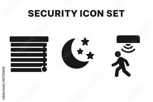 Solid filled security icon set including privacy blinds, night mode with moon and stars, and motion detection with walking person vector illustration on transparent background