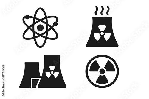 Solid Nuclear Energy Icons Set, Filled Vector Illustrations of Atomic Symbol, Cooling Towers, Nuclear Power Plant, Radiation Hazard, Reactor Safety Signs