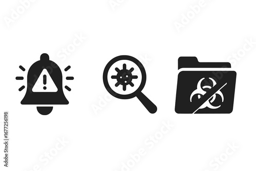 Threat Detection Icons Solid Filled Vector Set Featuring Alert Bell, Virus Scan Magnifier, Quarantine Folder for Cybersecurity and Malware Protection Design