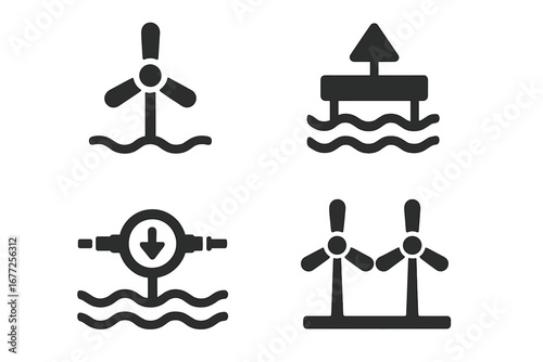 Solid filled vector icon set of tidal energy technology including tidal turbine, wave energy generator, underwater cable, and marine renewable power concepts on transparent background