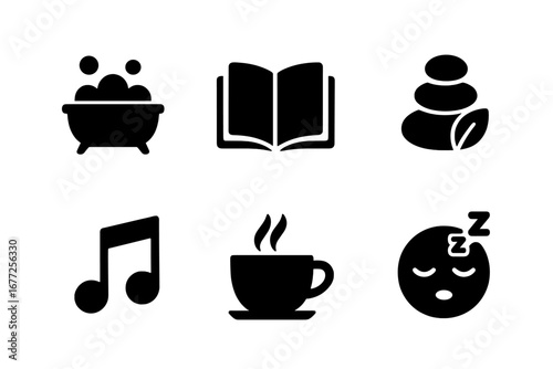 Self-Care Icons Grid, Solid Filled Vector Set of Relaxing Self-Care Activities Including Bubble Bath, Reading Book, Spa Stones, Music Note, Tea Cup, and Sleep Symbols, Wellness and Relaxation Concept