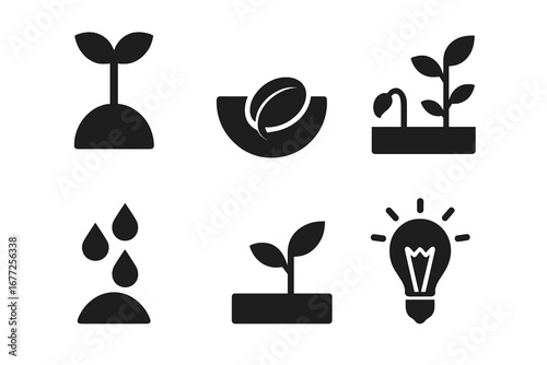 Seed germination icons set, solid filled vector illustrations of seed sprout, growth stages, seed in soil, water droplets, lightbulb concept of growth and energy, transparent background