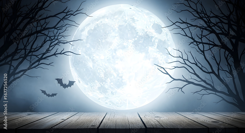 Naklejka premium Spooky Halloween night with full moon, silhouetted trees, and flying bats over a wooden deck, creating a mysterious atmosphere