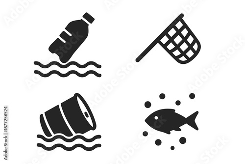 Ocean pollution icons vector set, solid filled style with plastic bottle floating on water, fishing net, floating barrel waste, fish surrounded by pollutants, environmental contamination