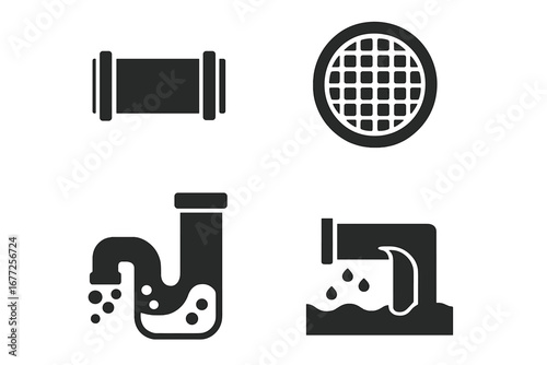 Sewer System Icons Set, Solid Filled Vector Illustrations of Main Sewer Pipe, Manhole Cover, Drainage Pipe and Wastewater Components on Transparent Background