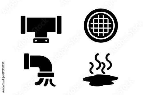 Sewer system icons set with solid filled vector illustrations of main sewer pipe, manhole cover, drainage pipe, and wastewater elements with transparent background for infrastructure design
