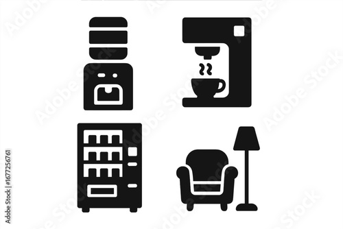 Office Amenities Icons Solid Filled Vector Set of 4 Including Water Cooler, Coffee Machine, Snack Vending Machine, Lounge Chair with Lamp for Modern Workplace Design