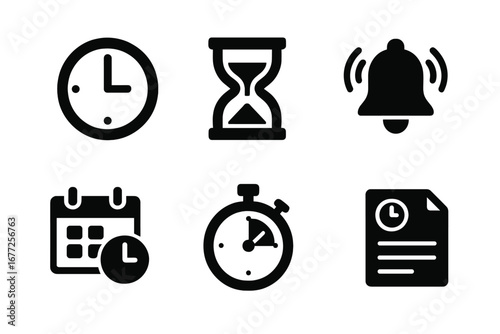 Time management icons set with clock, hourglass, alarm bell, calendar, stopwatch, timer, and scheduling vector illustration for productivity and organization