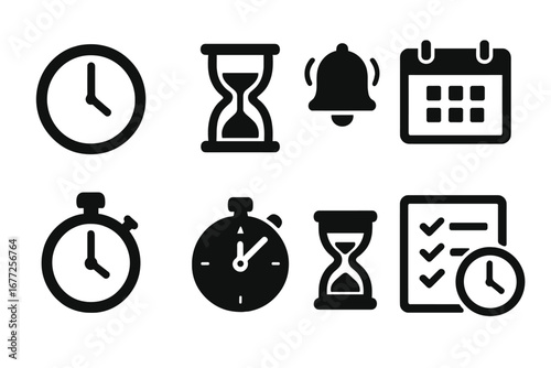 Time management icons set, solid black filled vector symbols of clock, hourglass, alarm bell, calendar, stopwatch, timer, schedule, productivity and planning illustration