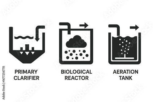 Sewer Treatment Process Icons. Solid Filled Vector Set Featuring Primary Clarifier, Biological Reactor, Aeration Tank for Wastewater Management and Environmental Engineering