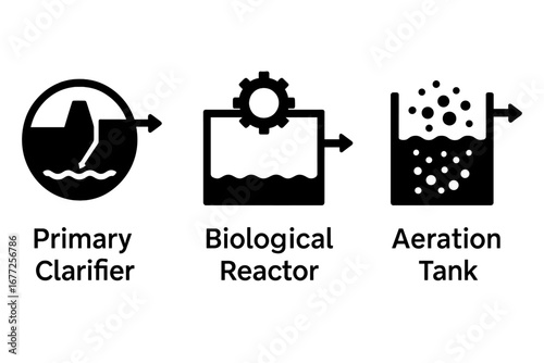 Sewer Treatment Process Icons, Solid Filled Vector Set with Primary Clarifier, Biological Reactor, Aeration Tank Industrial Wastewater Treatment Elements Transparent