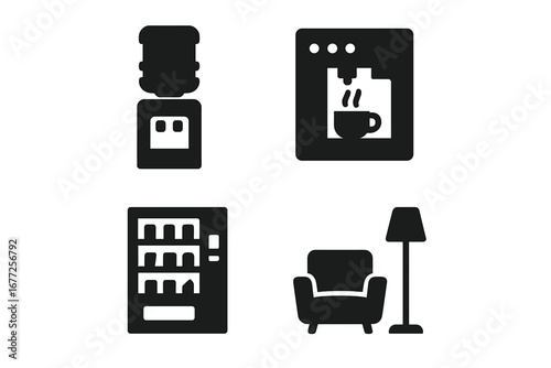 Office Amenities Icons Set, Solid Filled Vector Illustration of Office Environment Essentials Including Water Cooler, Coffee Machine, Snack Vending, and Cozy Lounge Area for Workspace Comfort