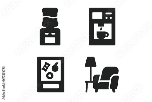 Office Amenities Icons Solid Filled Set of 4 Including Water Cooler, Coffee Machine, Snack Bar, and Lounge Chair with Lamp Vector Illustration for Workspace Comfort