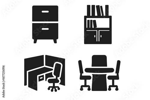 Solid filled vector icons set of 4 coffee-themed office essentials including coffee mug, espresso cup, to-go cup, coffee pot with steam swirl, workplace beverage symbols