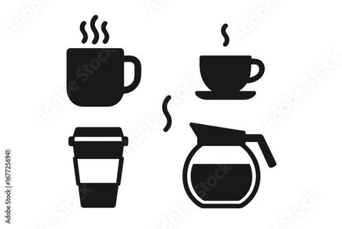 Office Coffee Icons Set. Solid Filled Vector Illustration of Office Coffee Break Symbols Including Coffee Mug, Espresso Cup, To-Go Cup, Coffee Pot with Steam Swirls for Workplace Beverage Design
