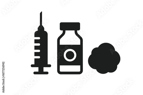Vaccination process solid icon set with injection syringe, vaccine vial, and cotton ball. Medical immunization, disease prevention concept. Healthcare vector glyph illustration.