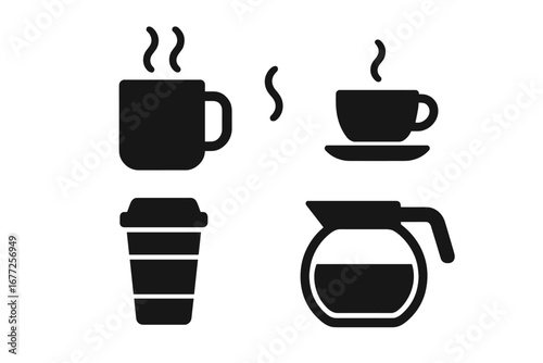 Office coffee icons set, filled solid vector, coffee mug, espresso cup with saucer, to-go cup, coffee pot with steam swirl, workplace break illustration, beverage symbols