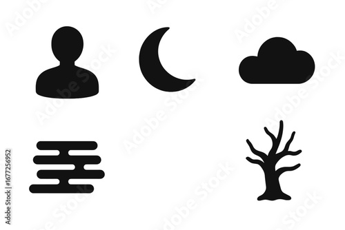 Shadow silhouette icons set. Solid filled darkness silhouettes including human figure, crescent moon, dark cloud, dense fog, and barren tree. Vector illustration on transparent background.