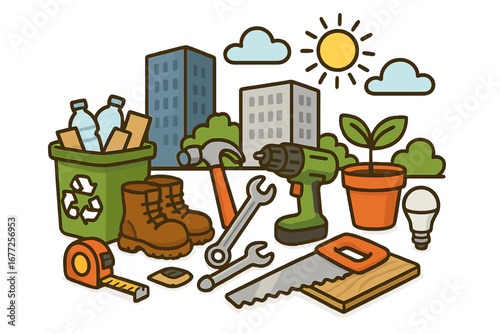 Tools for Home Improvement and Urban Sustainability Weekend Project, Cartoon Vector Illustration of Recycle Bin, Hammer, Wrenches, Drill, Saw, Boots, Plant, Light Bulb with Cityscape Background