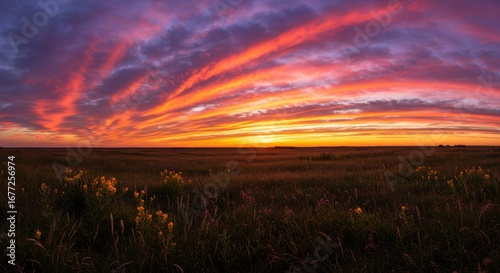 Vibrant Sunset over Serene Grasslands A Breathtaking Panorama