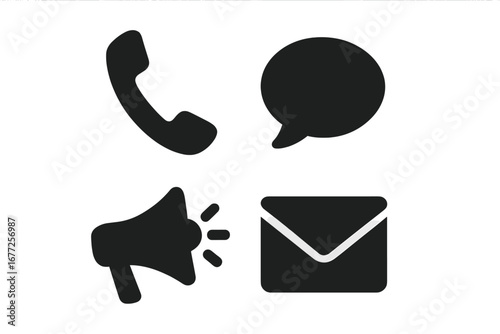 Office communication icons set, solid filled vector illustration with telephone handset, speech bubble, megaphone, and envelope symbols for business and digital messaging