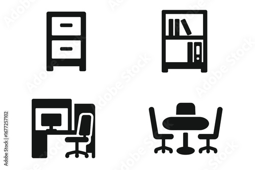 Office furniture icons set, solid black filled vector symbols of filing cabinet, bookshelf with books, office cubicle with swivel chair, conference table with chairs, transparent background