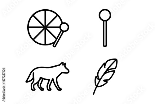 Shamanic journey outline icons set with sacred drum, drumstick, spirit animal wolf silhouette, and feather symbol, native healing and spirituality vector illustration on transparent background