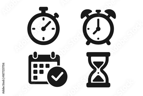 Time management icons solid filled vector set with stopwatch, alarm clock, calendar reminder, hourglass, productivity symbols, planning, schedule, deadline, time tracking