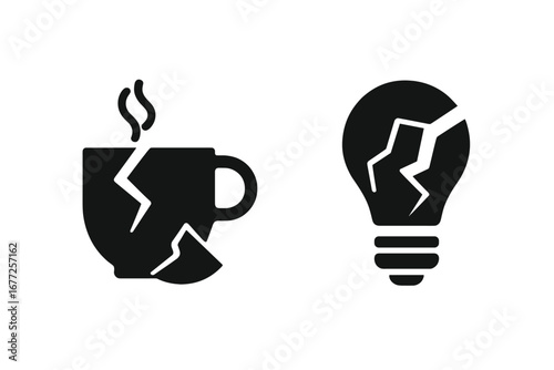Shattered objects icons set, broken coffee cup and shattered light bulb, solid filled vector illustration of everyday broken items, cracked objects design for concept usage