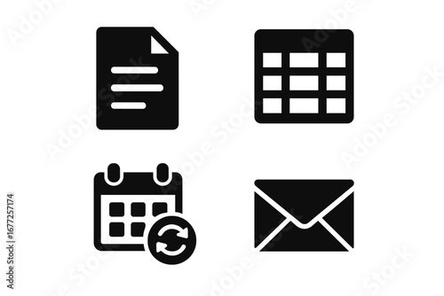 Office icons grid set, solid filled vector illustration of 4 essential office software symbols including word processor, spreadsheet, calendar sync, and email client for business and productivity