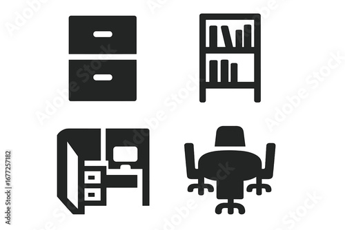 Solid office furniture icons set, filled vector symbols of filing cabinet, bookshelf with books, cubicle workspace with desk and monitor, swivel office chair and conference meeting table illustration