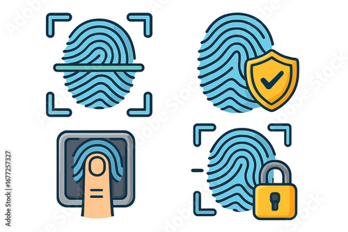 Unique fingerprint designs showcasing advanced biometric technology and security measures for reliable identification, secure access control systems, and digital protection vector cartoon illustration