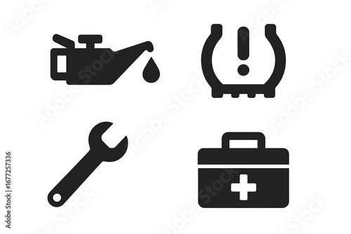 Vehicle maintenance solid icon set. Car service and repair symbols. Engine oil can, tire pressure warning light, wrench tool, and first aid kit. Vector glyph icons for drivers.