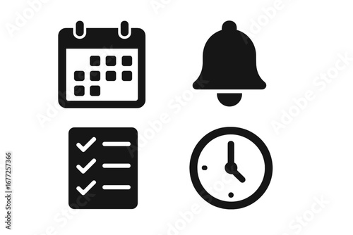 Time management icons set, solid filled vector collection of productivity tools including calendar, reminder bell, checklist, clock, and stopwatch for organization and scheduling