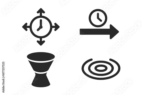 Time and Space Icons Set. Solid Filled Vector Illustration of Expanding Clock with Directional Arrows, Time Arrow, Light Cone, Space Ripples, Relativity Science Concept Symbols