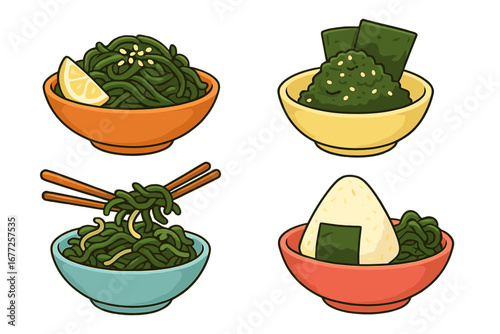 Varieties of Nutritious Seaweed Dishes in Colorful Bowls with Unique Presentations, Fresh Ingredients, Asian Cuisine, Healthy Food Vector Cartoon Illustration