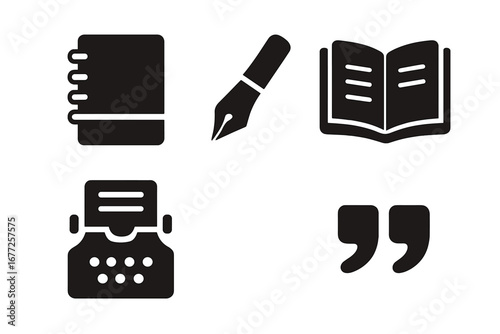 Story creation icons set, solid filled vector illustration of creative writing tools including notebook, fountain pen, open book, typewriter, quotation marks for storytelling design