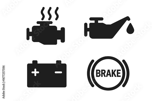 Car dashboard warning lights icon set. Vector signs for engine overheat, low oil pressure, battery problem, and brake failure. Vehicle service and maintenance symbols.