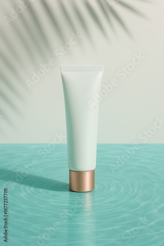 Mockup tabung kosmetik putih dengan tutup emas di latar belakang biru.