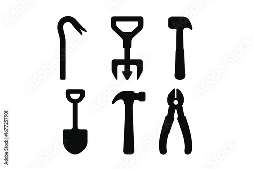 Solid Tool Icon Set with Crowbar, Stake Puller, Shovel, Hammer, Wire Cutter, and Pliers Vector Illustration. Durable Maintenance and Removal Hand Tools for Construction and Gardening