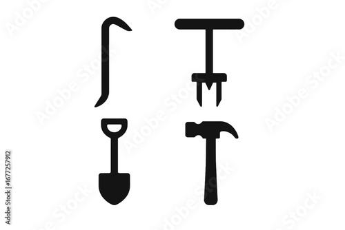 Solid Black Tool Icon Set, Vector Illustration of Crowbar, Stake Puller, Shovel, Hammer, Wire Cutter, Stake Removal and Maintenance Equipment, Transparent Background
