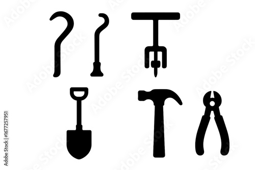 Solid filled tool icon set, stake removal and maintenance tools including crowbar, stake puller, shovel, hammer, wire cutter, vector illustration on transparent background